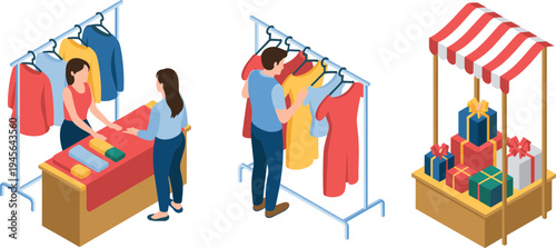 Isometric retail shopping illustration with clothing rack, cashier counter service, customer browsing apparel and gift stall market display