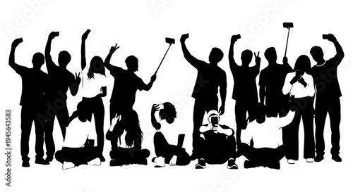 Silhouette of a diverse group of people taking selfies and photos.