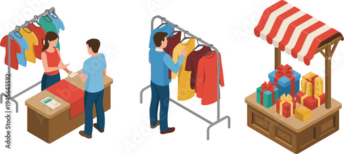 Isometric retail shopping scene with clothing rack, customer payment at counter, fashion store display and gift market stall illustration