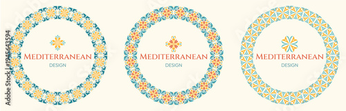 Set of three mediterranean circular frames with green, orange and yellow floral ornaments. Decorative round borders with symmetric ceramic tiles motifs and central text area on a light background.