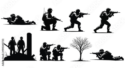Silhouette Collection of Soldiers in Various Combat Poses.