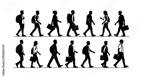 Silhouettes of Diverse People Walking with Briefcases and Backpacks.