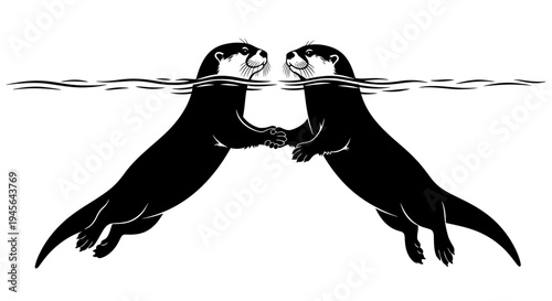 Two Otters Holding Hands in Water Illustration.