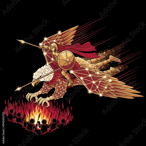 Mythical Griffin with Sword and Shield Flying.