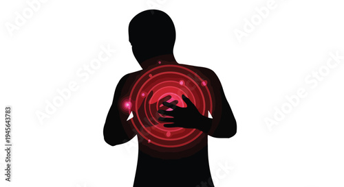 Silhouette of a person experiencing chest pain with radiating red circles.