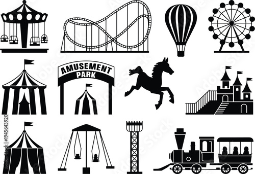 Amusement park icon set featuring black silhouette vectors of roller coaster ferris wheel carousel circus tent hot air balloon and carnival attractions isolated on white.