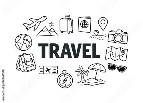 Travel concept with icons of airplane, suitcase, passport, globe, and map. A collection of hand-drawn icons representing travel and adventure, including a backpack, ticket, compass