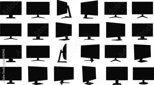 Set of realistic computer monitor silhouettes with various stand designs and viewing angles isolated on white background for digital workspace mockup and graphic design