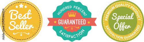 Three decorative badges highlighting best seller, guaranteed satisfaction, and special offers