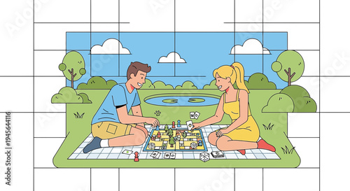 Couple Playing Board Game in Park Picnic, Summer Recreation