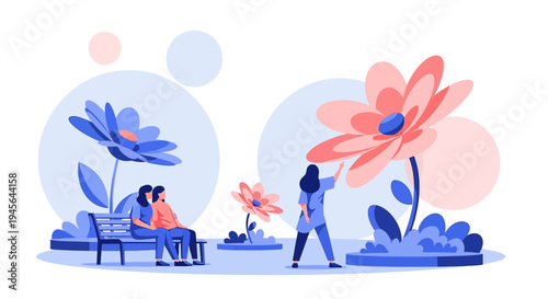 Couple Relaxing in Abstract Floral Garden with Blooming Flowers