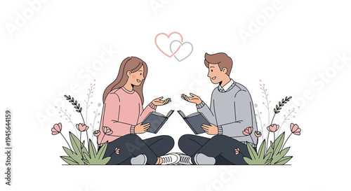 Couple Reading Books Together Outdoors, Love Hearts, Romantic Lifestyle Illustration