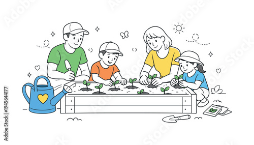 A family enjoying a relaxed weekend activity while planting vegetables together and learning practical backyard gardening habits, visual metaphor of a large raised garden bed with fresh