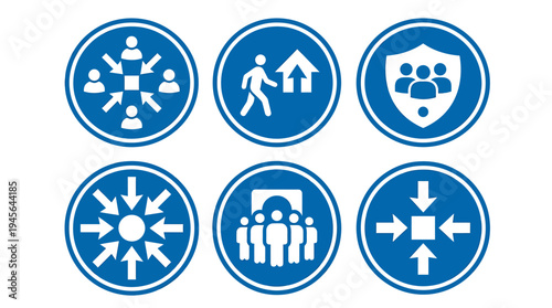 Collection of Blue Circular Icons Representing Social and Community Concepts. Vector Icons Set