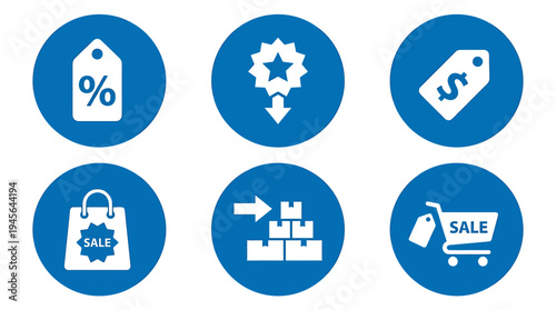 Collection of Blue Circular Icons Representing Business and Shopping Symbols. Vector Icons Set