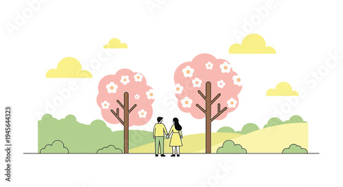 Couple Holding Hands In Spring Meadow With Cherry Blossom Trees