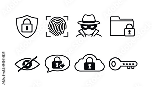 Digital privacy protection: shield with lock, fingerprint scan, masked user profile, secure folder, encrypted message bubble, privacy eye with slash, secure cloud with lock, password key
