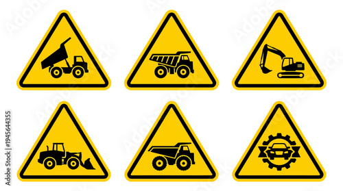 Collection of Construction and Heavy Machinery Warning Signs 1. Vector Icons Set