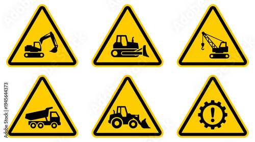 Collection of Construction and Heavy Machinery Warning Signs. Vector Icons Set