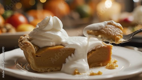 Slice of pie with whipped cream served on plate close up