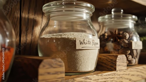 Spice jars displayed on wooden shelf with various seasonings