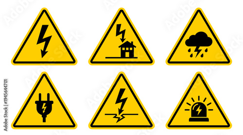 Collection of Various Electrical and Weather Warning Signs. Vector Icons Set