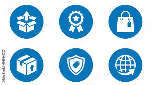 Collection of Six Blue Circular Icons Representing Packaging Security and Global Shipping Symbols. Vector Icons Set