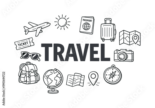 Personal travel planning and global exploration lifestyle highlighting adventure preparation, cultural discovery and memorable journeys around the world. TRAVEL central title surrounded by