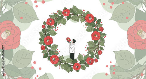 Couple in Floral Wreath, Romantic Love Story, Valentine's Day, Anniversary, Botanical Art