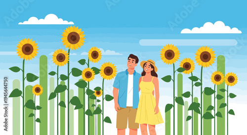 Couple in Sunflower Field - Summer Romance and Nature Illustration