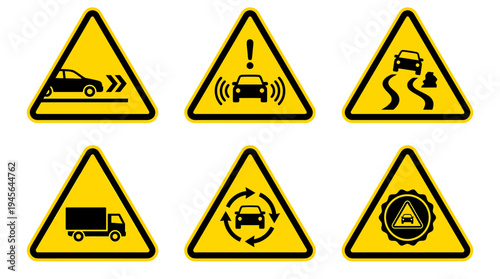 Collection of Warning Traffic Signs for Road Safety and Navigation 1. Vector Icons Set