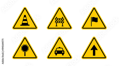 Collection of Warning Traffic Signs for Road Safety and Navigation. Vector Icons Set