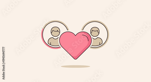Couple Love Icon: Two People Connected by Pink Heart Symbol, Minimalist Design