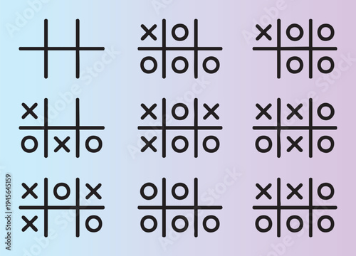Tictactoe game grids with x and o symbols in various stages