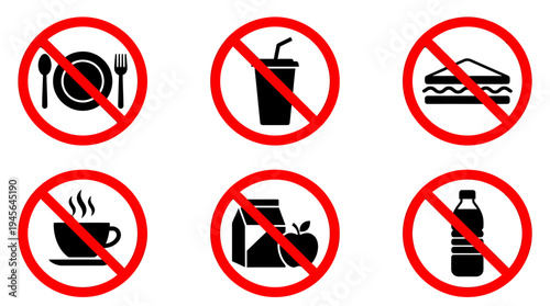 No Smoking Drinking or Eating Signs for Public Safety. Vector Icons Set