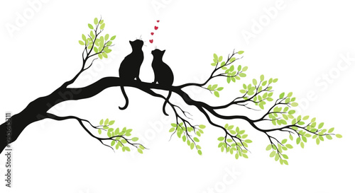 Silhouette of two black cats in love sitting on a tree branch with green leaves