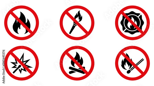 Safety Signs Indicating Fire Hazard and Prohibition Symbols. Vector Icons Set