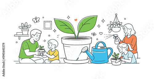 Family gardening together, planting a small seedling in a pot with care and joy. A father, mother, and two children are engaged in planting and watering a small plant, symbolizing