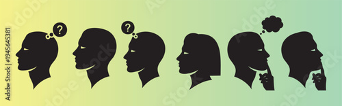 Thinking and decisionmaking process illustrated with silhouette heads