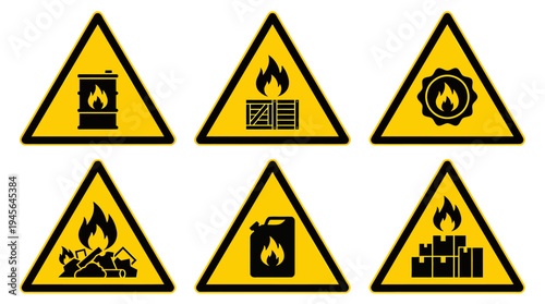 Safety Warning Signs for Hazardous Materials and Fire Risks in Industrial Environment. Vector Icons Set