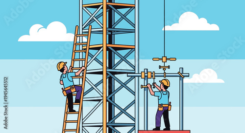 Constructing Tower Structure: Workers on Scaffolding and Lift