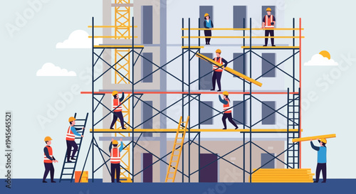 Construction Crew Building Apartment with Scaffolding, Crane, and Materials