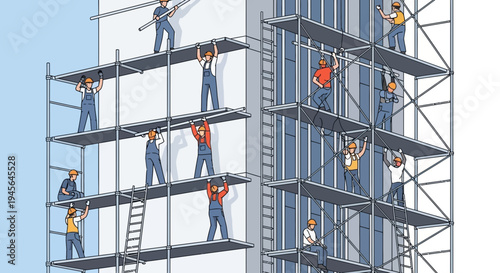 Construction Crew Assembling Scaffolding on Building Exterior