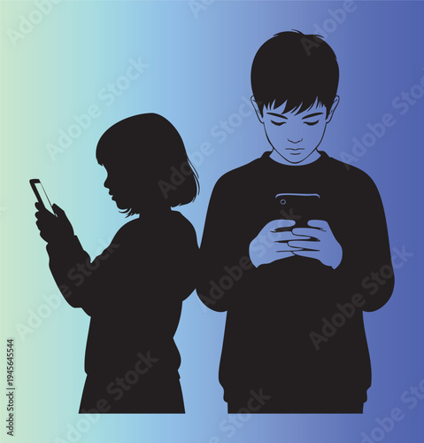 Two young people using smartphones in modern digital lifestyle illustration