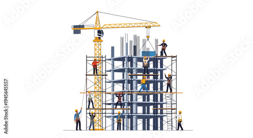 Construction Crew Building High-Rise Structure with Crane and Scaffolding