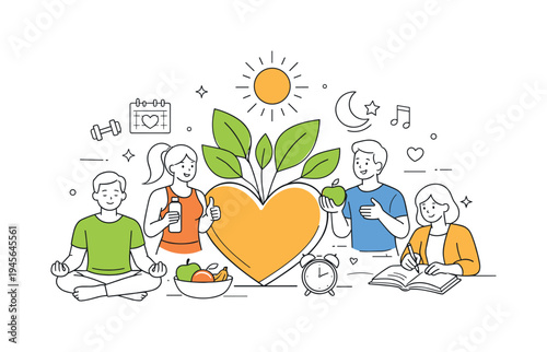 Healthy lifestyle concept with people, heart, and symbols of wellness. Diverse group of people engaging in healthy activities like yoga, fitness, and mindful eating, surrounded by