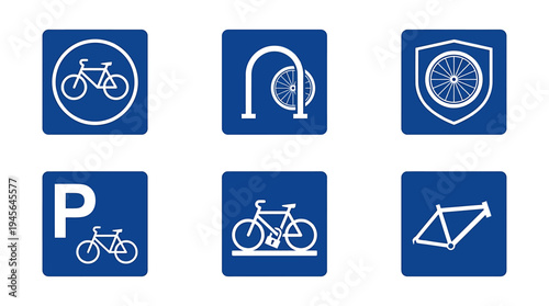 Collection of Bicycle and Cycling Equipment Icons in Blue Square Design. Vector Icons Set