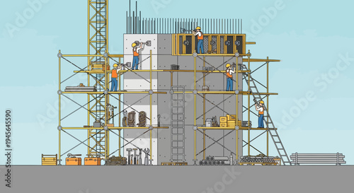 Construction Crew Building Multi-Story Urban Structure with Scaffolding