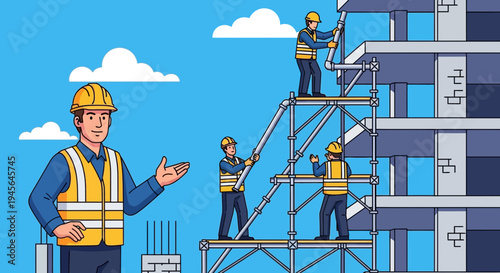 Construction Manager Overseeing Building Site with Workers on Scaffolding