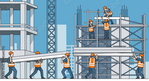 Construction site activity with workers building a structure under blue sky